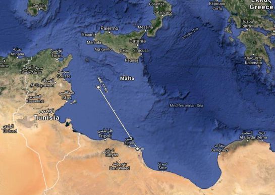 Ruta desde las costas de Misrata hacia Lampedusa